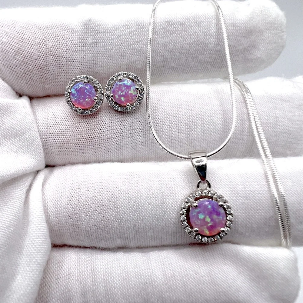 Sterling Silver Halo Pink Fire Opal Cz Set - Picture 3 of 17